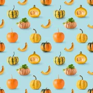 Seamless pattern of pumpkins with shadow. Autumn harvest eco concept. Stock Photos