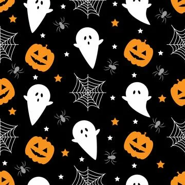 Seamless pattern with pumpkins,  spider, ghost. Halloween background. Stock Illustration