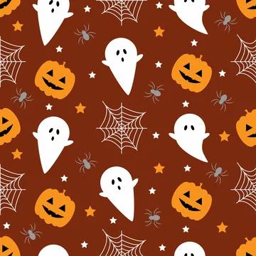 Seamless pattern with pumpkins, spider, ghost. Halloween background. Vector illu Stock Illustration