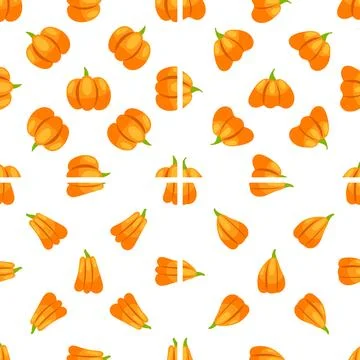 Seamless pattern with pumpkins, whole, halved and quartered, rotating on white Stock Illustration