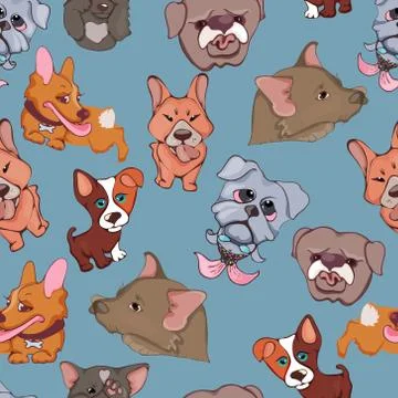 Seamless pattern purebred cute character portrait dogs. Stock Illustration