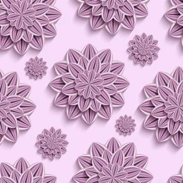 Seamless pattern with purple 3d paper flowers Stock Illustration