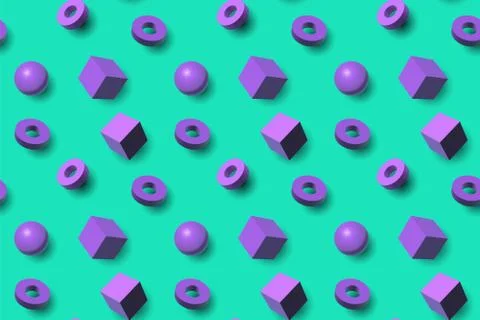 Seamless pattern with purple 3D shapes flying over aqua menthe green backdrop 스톡 일러스트