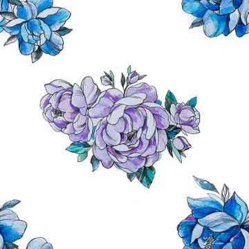 Seamless pattern purple and blue peonies on a white background. Stock Illustration