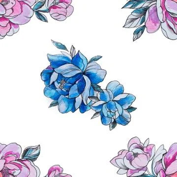 Seamless pattern purple and blue peonies on a white background. Stock Illustration