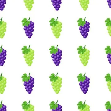 Seamless pattern with purple and green grapes on white background. Vector. Stock Illustration