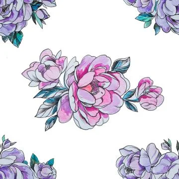 Seamless pattern purple and red peonies on a white background. Stock Illustration