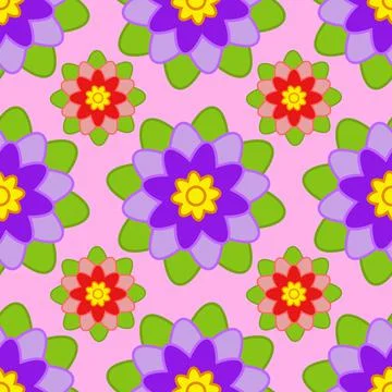 Seamless pattern of purple and red flowers with green leaves on a pink backgr Stock Illustration
