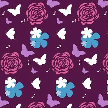 Seamless pattern of a purple and white butterfly with a blue and red flower on a Stock Illustration