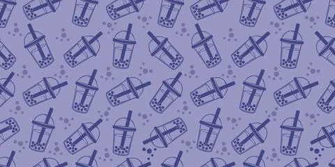 Seamless pattern purple bubble tea drink doodle.Food and beverage illustratio 스톡 일러스트