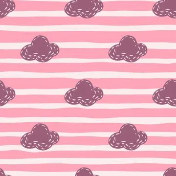 Seamless pattern with purple cloud ornament with dashes. Pink and white strip Stock Illustration