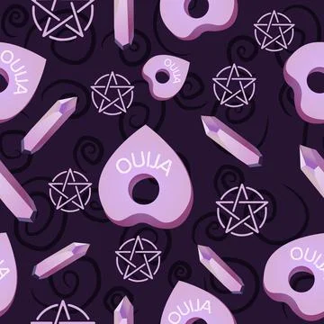 Seamless pattern with purple crystals, pentagrams and ouija planchettes. Stock Illustration