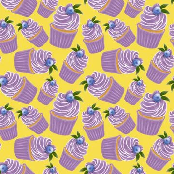 Seamless pattern with purple cupcakes on yellow background, blueberry decorat Stock Illustration