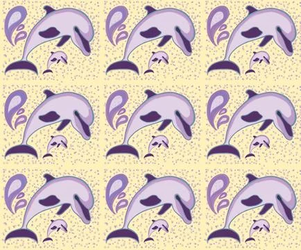 Seamless pattern with purple dolphins and drops. Stock Illustration
