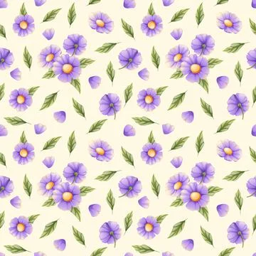 Seamless pattern with purple flowers and green leaves. Wallpaper, fabric, tex Stock Illustration