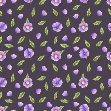 Seamless pattern with purple flowers and leaves on a dark background. Great f Stock Illustration