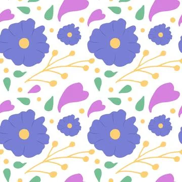Seamless pattern with purple flowers and hearts, green leaves and twigs. Vect Stock Illustration