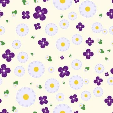 Seamless pattern with purple flowers and white daisies on a cream background Stock Illustration