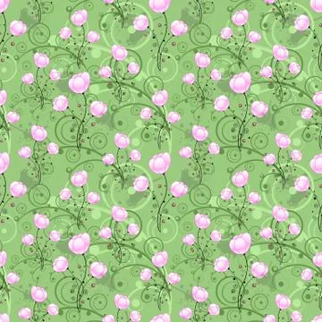 Seamless pattern with purple flowers, branches of leaves and buds. Stock Illustration