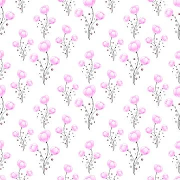 Seamless pattern with purple flowers, branches of leaves and buds. Stock Illustration