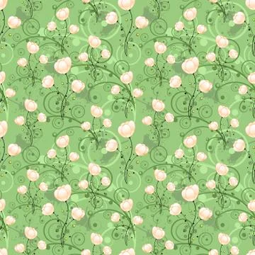 Seamless pattern with purple flowers, branches of leaves and buds. Stock Illustration