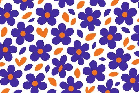 Seamless Pattern Purple Flowers Orange Leaves Hearts Illustrazione stock