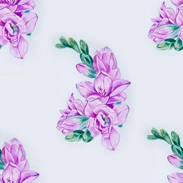 Seamless pattern of purple freesia on a white background. Stock Illustration