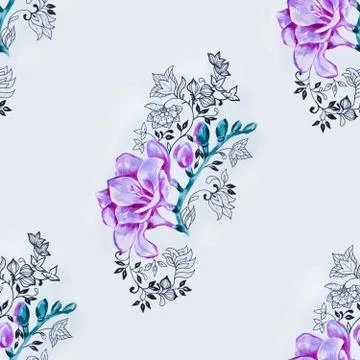 Seamless pattern of purple freesia on a white background. Stock Illustration