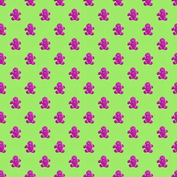 Seamless Pattern of Purple Gingerbread Man Cookies on Lime Green Background Stock Photos