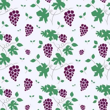 Seamless Pattern with Purple Grapes, Green Leaves, and Elegant Vines. Stock Illustration