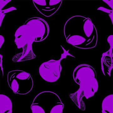 Seamless pattern purple graphic aliens on black background, texture, design Stock Illustration