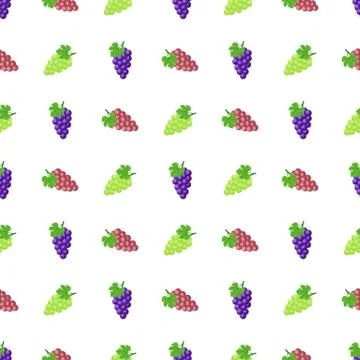 Seamless pattern with purple, green and red grapes on white background. Vector. Stock Illustration