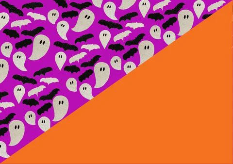Seamless pattern of purple haloween background. Halloween ghosts and bats. Stock Illustration