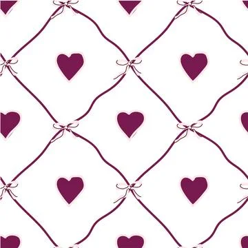 Seamless pattern with purple hearts and ribbons on white background Stock Illustration