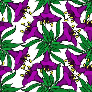 Seamless pattern of purple large exotic flowers with a black outline Stock Illustration