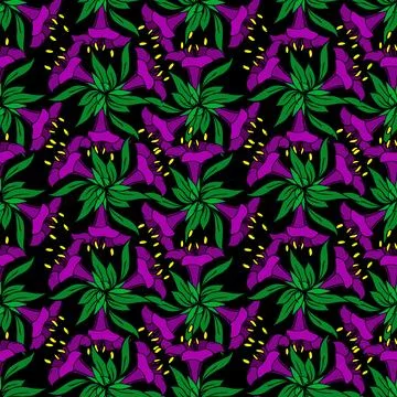 Seamless pattern of purple large exotic flowers with a black outline Stock Illustration