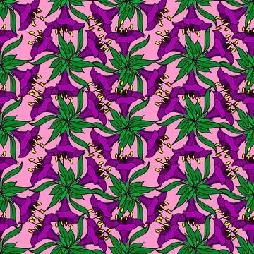 Seamless pattern of purple large exotic flowers with a black outline on a p.. Stock Illustration