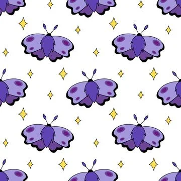 Seamless pattern with Purple Moth and Stars. Flying magic insect Stock Illustration