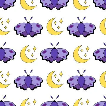Seamless pattern with Purple Moth, Stars and Moon. Flying magic insect. Stock Illustration