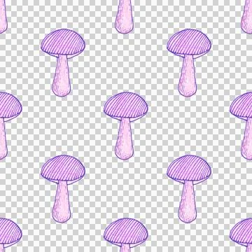 Seamless pattern of purple mushrooms isolated on white, hand drawn with pen Illustrazione stock