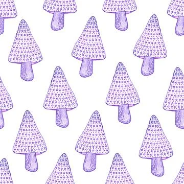 Seamless pattern of purple mushrooms isolated on white, hand drawn with pen 스톡 일러스트
