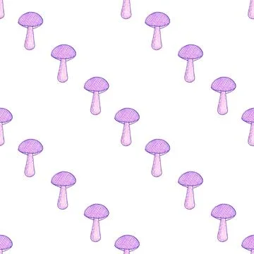 Seamless pattern of purple mushrooms isolated on white, hand drawn with pen 스톡 일러스트