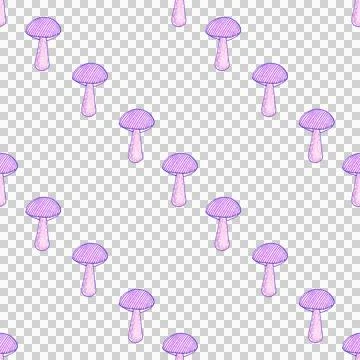 Seamless pattern of purple mushrooms isolated on white, hand drawn with pen 스톡 일러스트