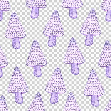 Seamless pattern of purple mushrooms isolated on white, hand drawn with pen Stock Illustration