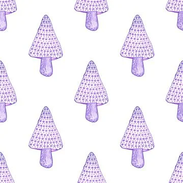 Seamless pattern of purple mushrooms isolated on white, hand drawn with pen Stock Illustration