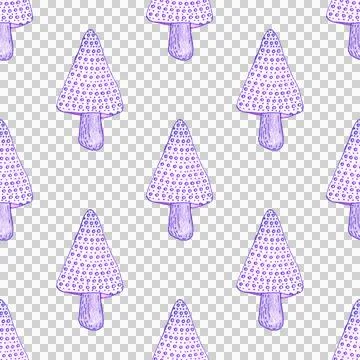 Seamless pattern of purple mushrooms isolated on white, hand drawn with pen Stock Illustration