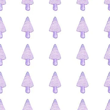 Seamless pattern of purple mushrooms isolated on white, hand drawn with pen Stock Illustration