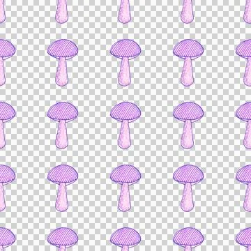 Seamless pattern of purple mushrooms isolated on white, hand drawn with pen Stock Illustration