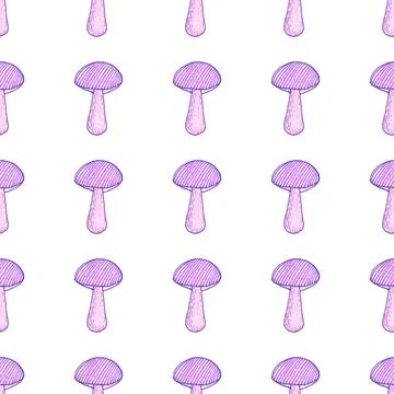 Seamless pattern of purple mushrooms isolated on white, hand drawn with pen Stock-Illustration