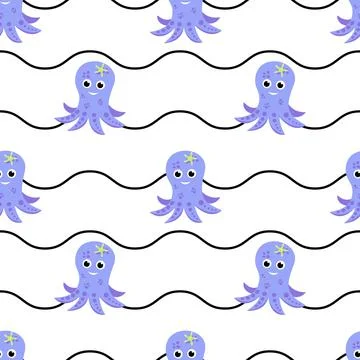 Seamless pattern with purple octopus with waves. Flat, cartoon, vector Illustrazione stock